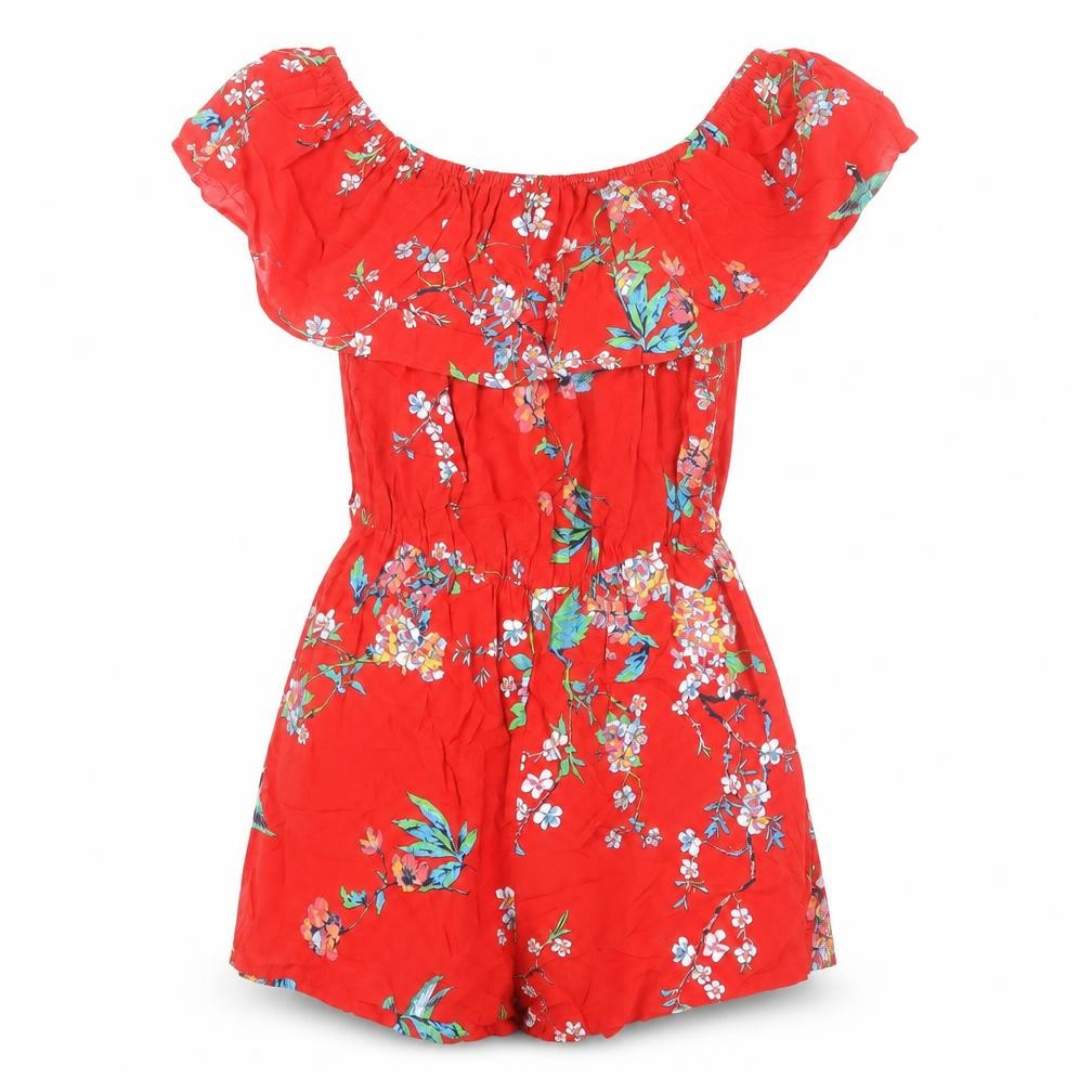 Front view of Pimkie women’s red floral off shoulder playsuit, size S