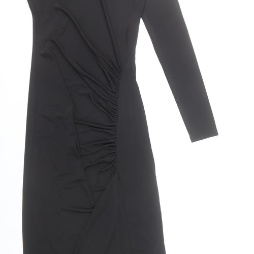 Zara Women Black Size 8 Bodycon Midi Dress Long Sleeve Ruched
