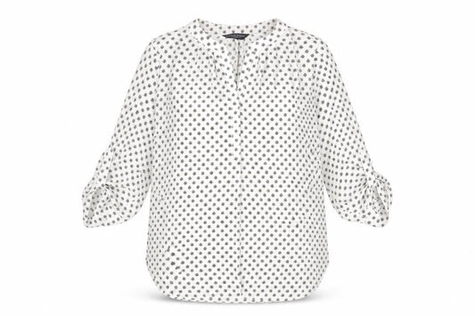 Front view of Dorothy Perkins Women’s White Floral Blouse, size UK 12, Tunic 3/4 Sleeve