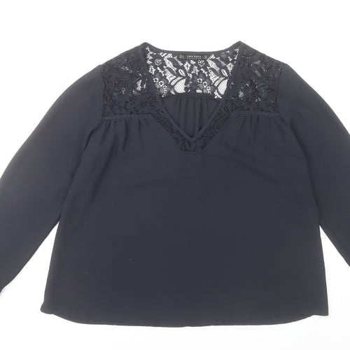 Zara Women Black Lace V-Neck Long Sleeve Tunic Blouse Size 12