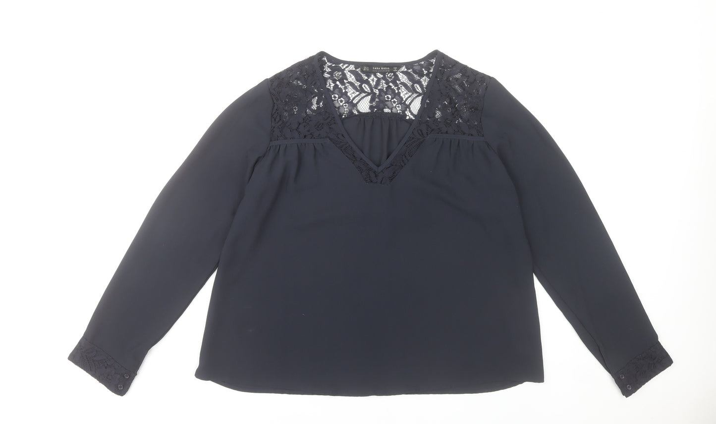 Zara Women Black Lace V-Neck Long Sleeve Tunic Blouse Size 12