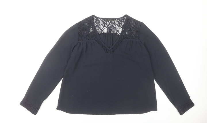 Zara Women Black Lace V-Neck Long Sleeve Tunic Blouse Size 12