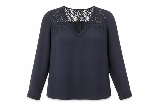 Front view of Zara Women Black Lace V-Neck Long Sleeve Tunic Blouse, size 12