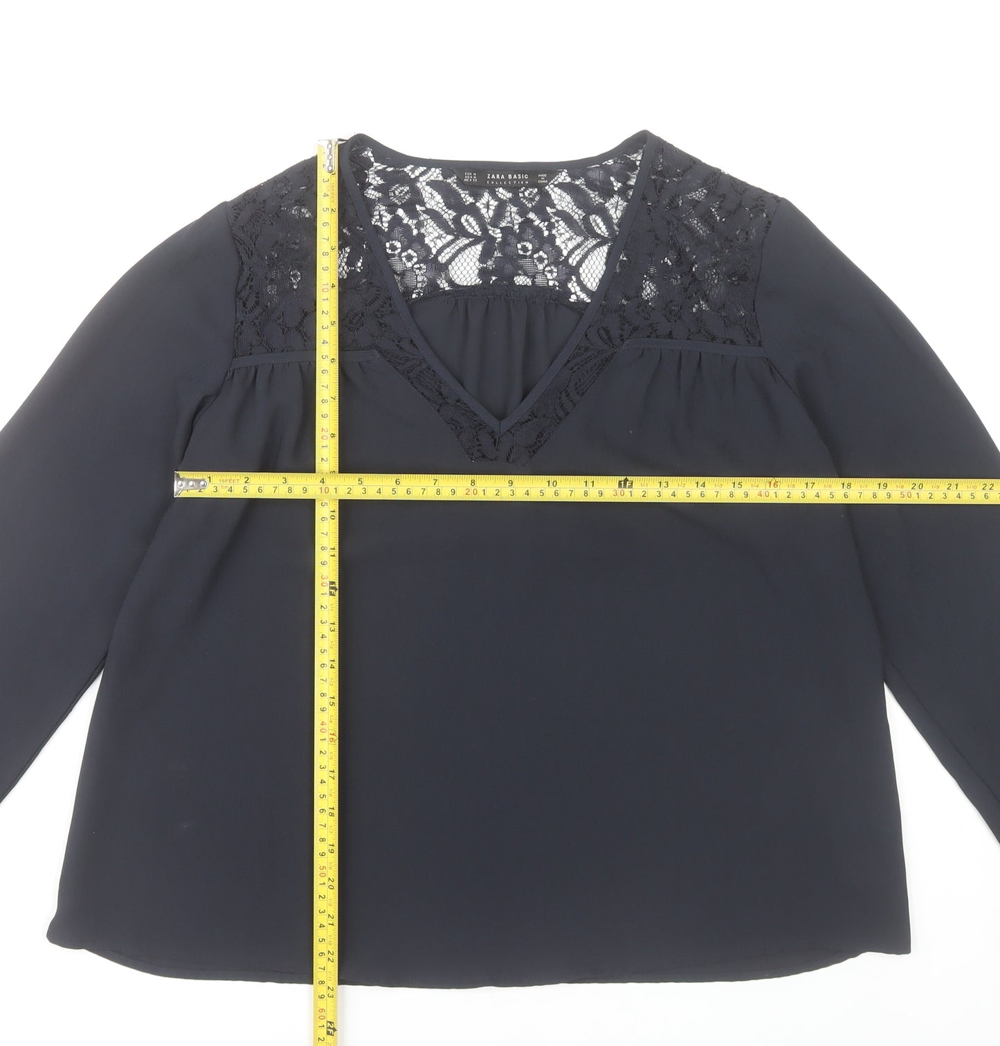 Zara Women Black Lace V-Neck Long Sleeve Tunic Blouse Size 12