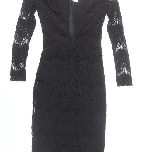 Rare London Women’s Black Lace Bodycon Dress Size 6 V-Neck Long Sleeve Knee Length