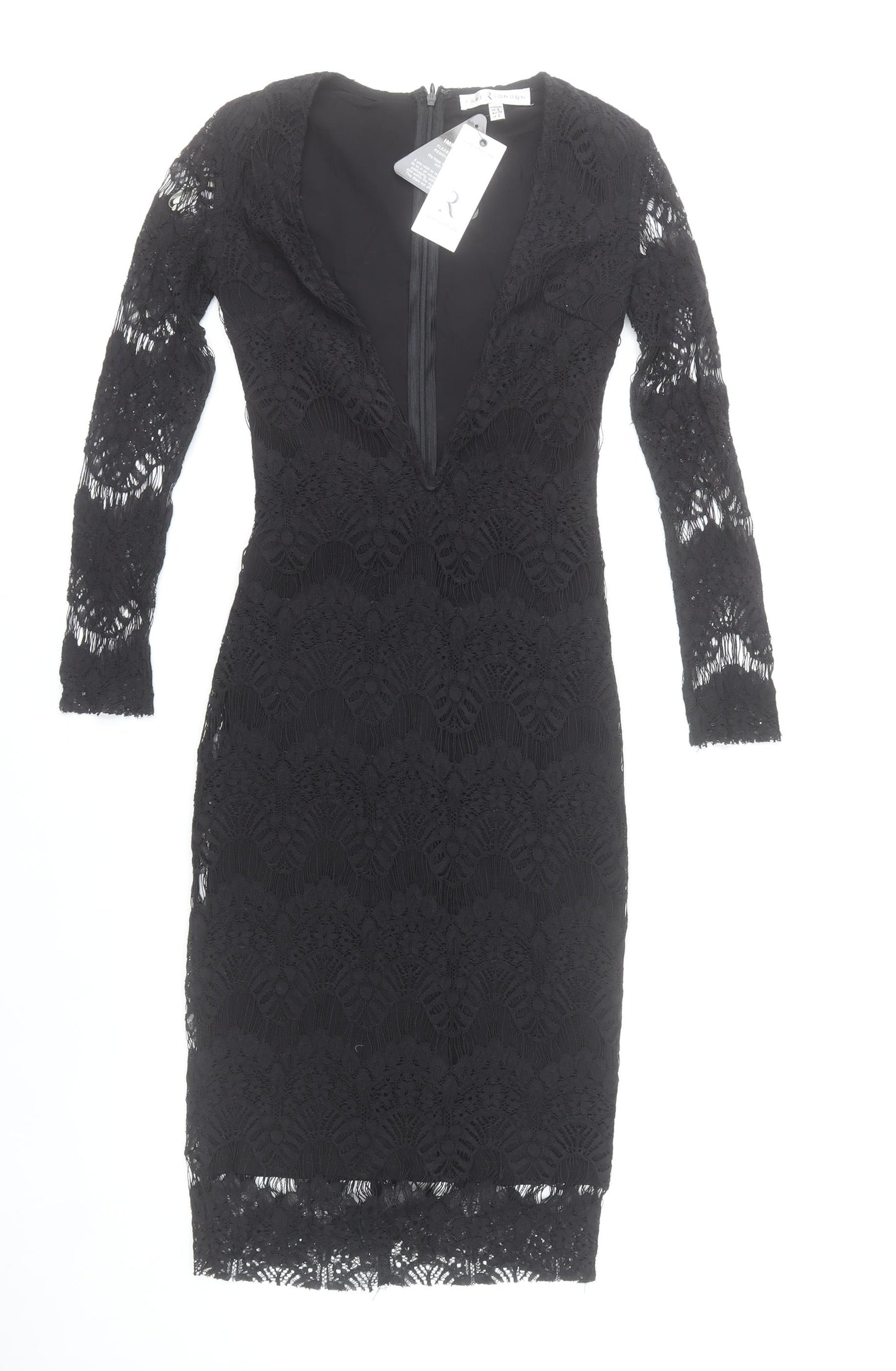 Rare London Women’s Black Lace Bodycon Dress Size 6 V-Neck Long Sleeve Knee Length