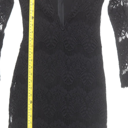 Rare London Women’s Black Lace Bodycon Dress Size 6 V-Neck Long Sleeve Knee Length