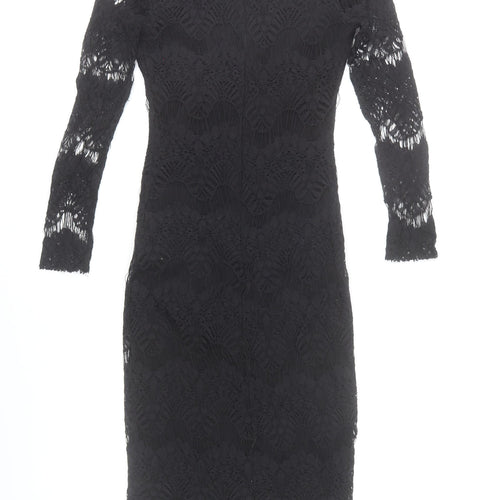 Rare London Women’s Black Lace Bodycon Dress Size 6 V-Neck Long Sleeve Knee Length