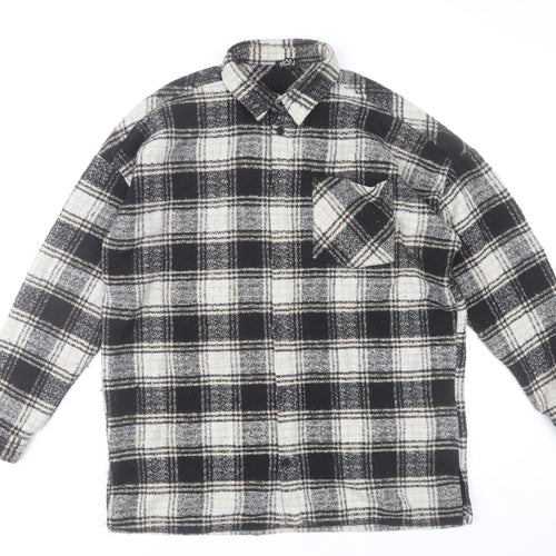 boohooMAN Men’s Black Grey White Plaid Flannel Button-Up Shirt L