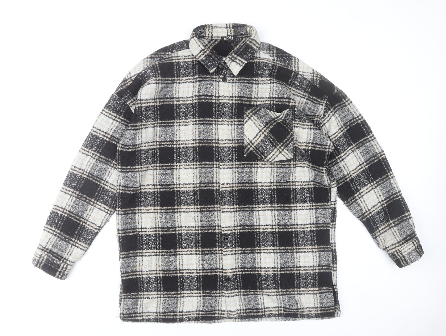 boohooMAN Men’s Black Grey White Plaid Flannel Button-Up Shirt L