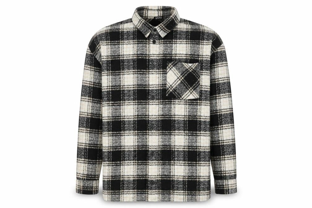 boohooMAN Men’s Black Grey White Plaid Flannel Button-Up Shirt L