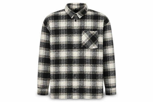 Front view of boohooMAN Men’s Black Grey White Plaid Flannel Button-Up Shirt L