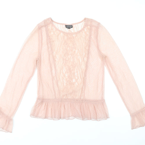 Topshop Womens Pink Lace Ruffle Blouse Size 8 Long Sleeve Party Tunic
