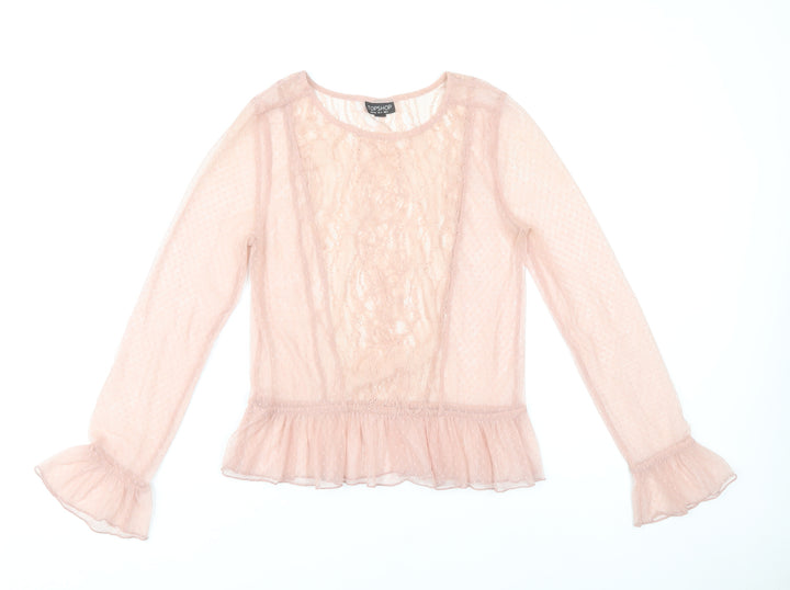 Topshop Womens Pink Lace Ruffle Blouse Size 8 Long Sleeve Party Tunic
