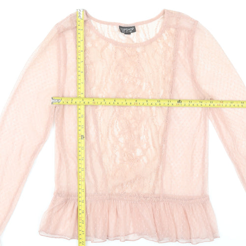 Topshop Womens Pink Lace Ruffle Blouse Size 8 Long Sleeve Party Tunic