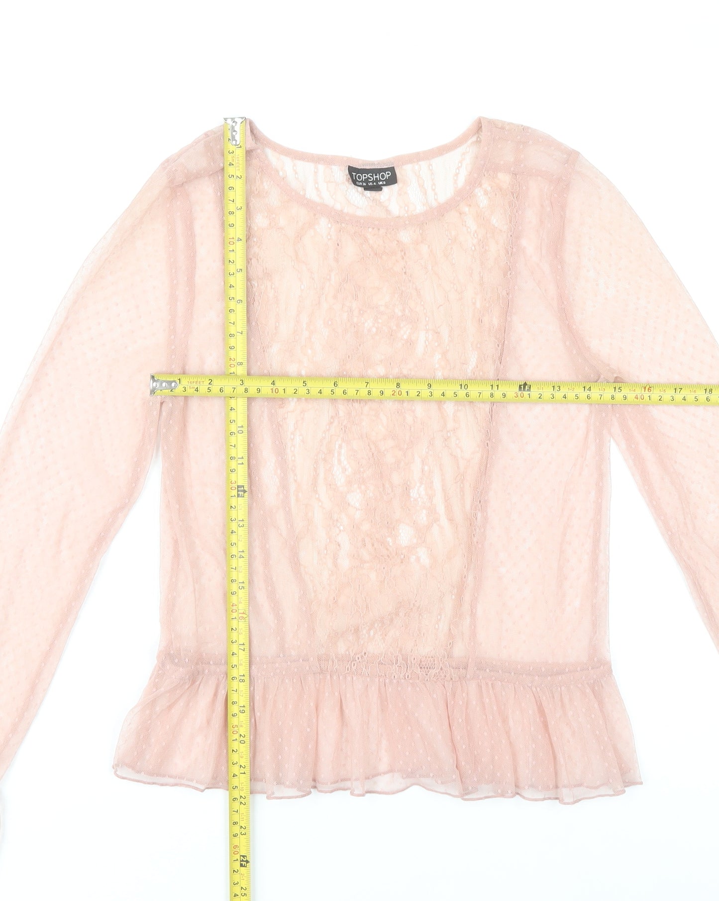 Topshop Womens Pink Lace Ruffle Blouse Size 8 Long Sleeve Party Tunic
