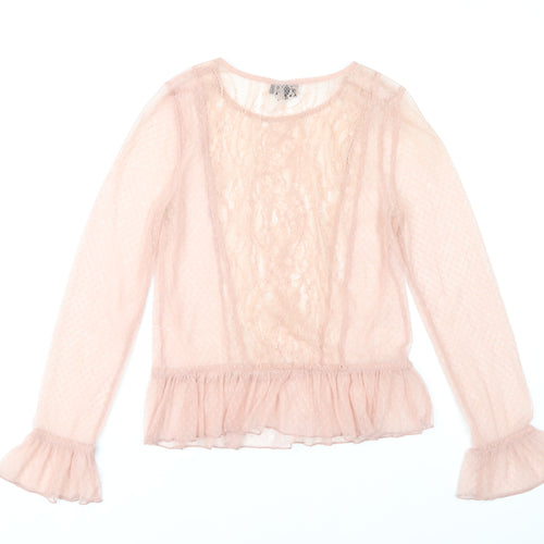 Topshop Womens Pink Lace Ruffle Blouse Size 8 Long Sleeve Party Tunic