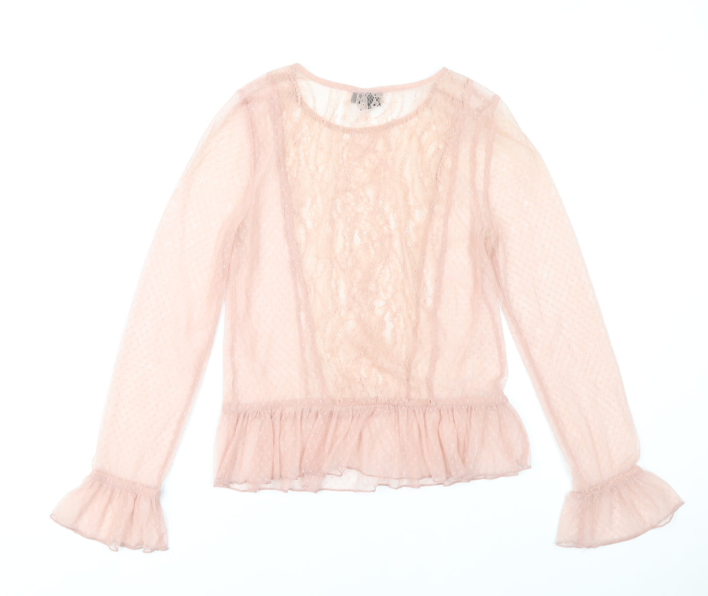 Topshop Womens Pink Lace Ruffle Blouse Size 8 Long Sleeve Party Tunic