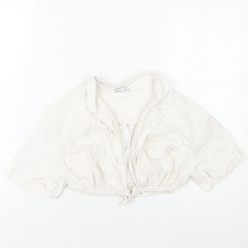 Bershka Womens Ivory Cropped Collared Blouse Size 8