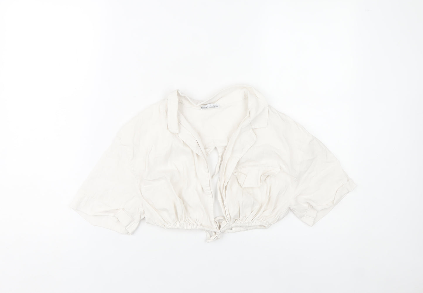 Bershka Womens Ivory Cropped Collared Blouse Size 8