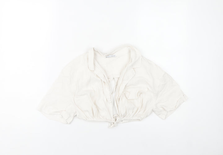 Bershka Womens Ivory Cropped Collared Blouse Size 8