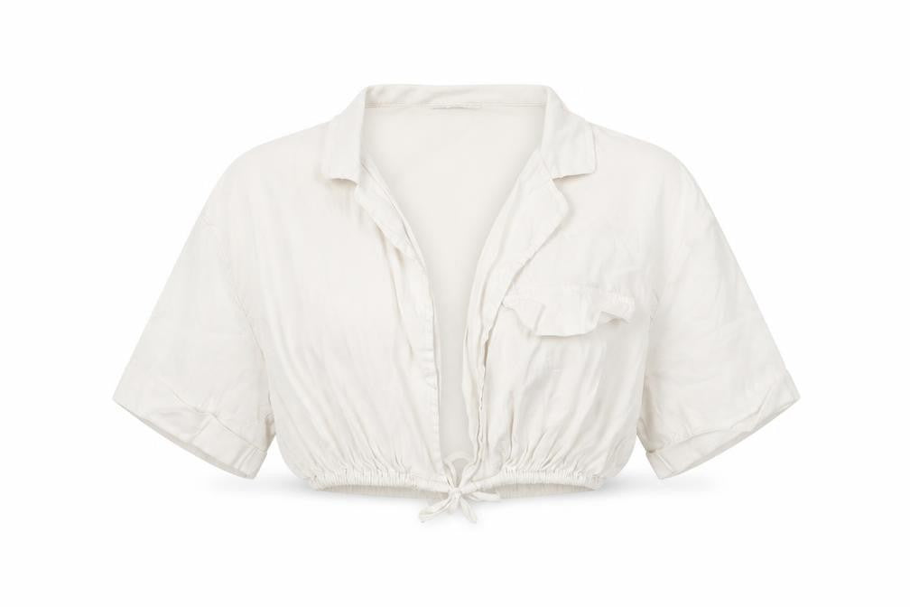 Front view of Bershka women’s ivory cropped collared blouse, size UK 8