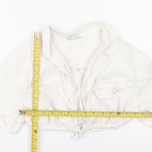Bershka Womens Ivory Cropped Collared Blouse Size 8