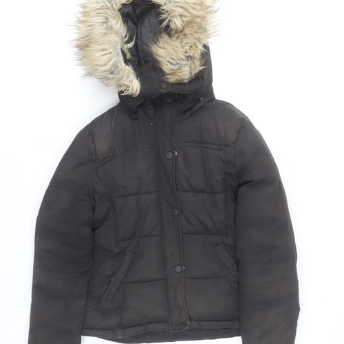 Topshop Women Black Size 12 Puffer Jacket Hooded Faux Fur Trim