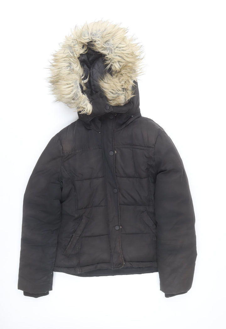 Topshop Women Black Size 12 Puffer Jacket Hooded Faux Fur Trim