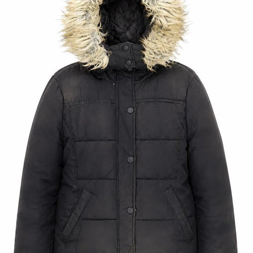 Topshop Women Black Size 12 Puffer Jacket Hooded Faux Fur Trim