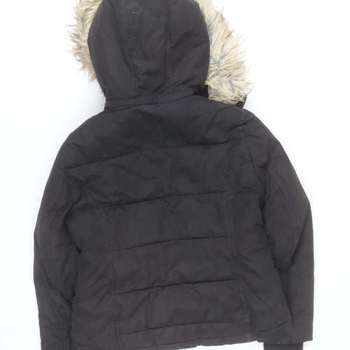 Topshop Women Black Size 12 Puffer Jacket Hooded Faux Fur Trim