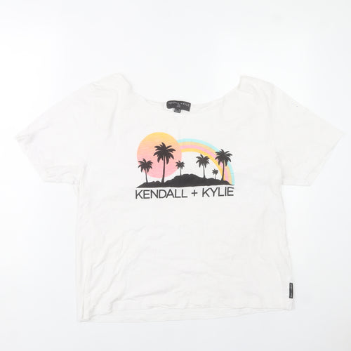 Kendall + Kylie Womens White Graphic T-Shirt Size 14 Short Sleeve Cotton