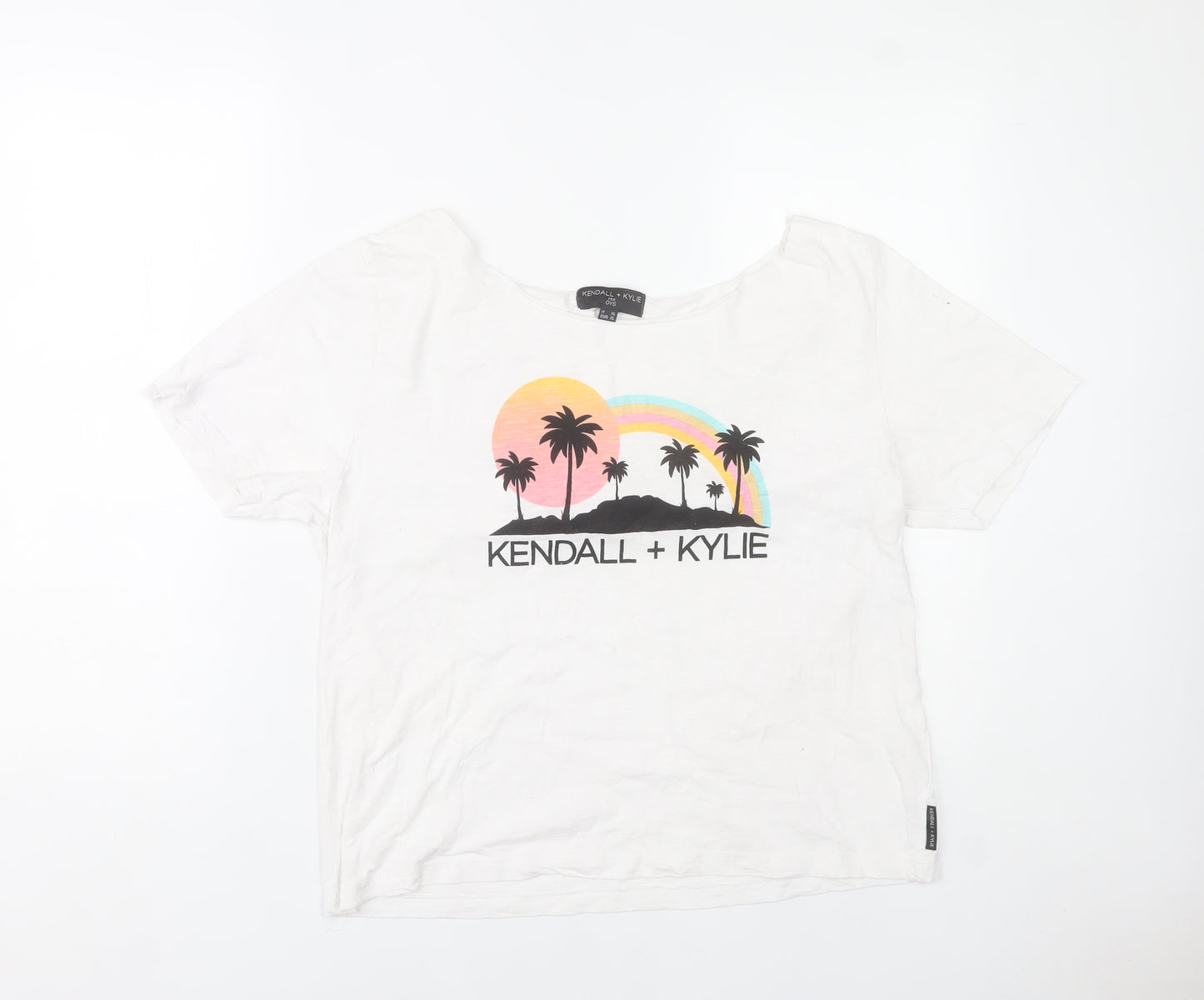Kendall + Kylie Womens White Graphic T-Shirt Size 14 Short Sleeve Cotton