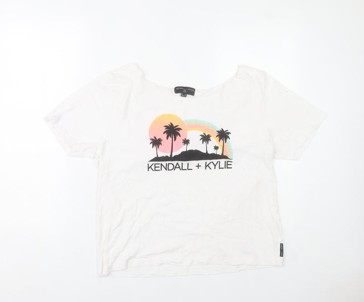 Kendall + Kylie Womens White Graphic T-Shirt Size 14 Short Sleeve Cotton