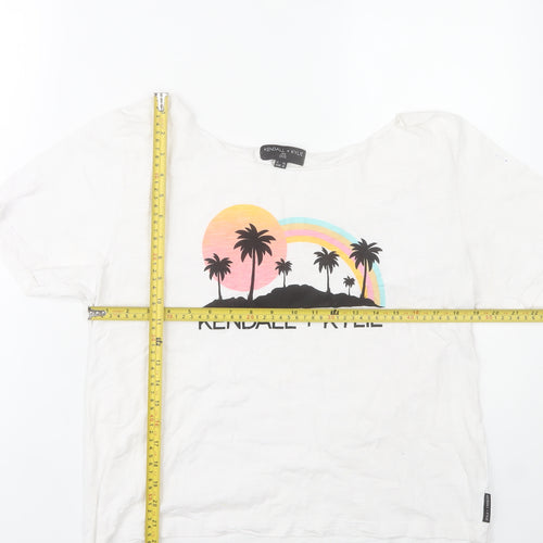 Kendall + Kylie Womens White Graphic T-Shirt Size 14 Short Sleeve Cotton
