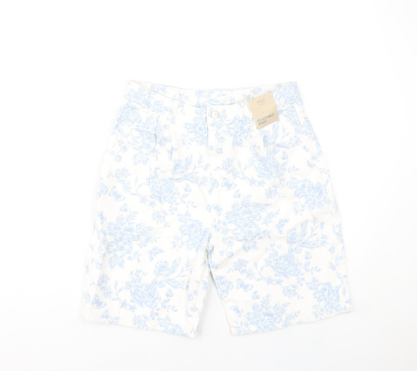 Marks and Spencer Girls Ivory Floral Bermuda Shorts 12-13Y Cotton Adjustable Waist
