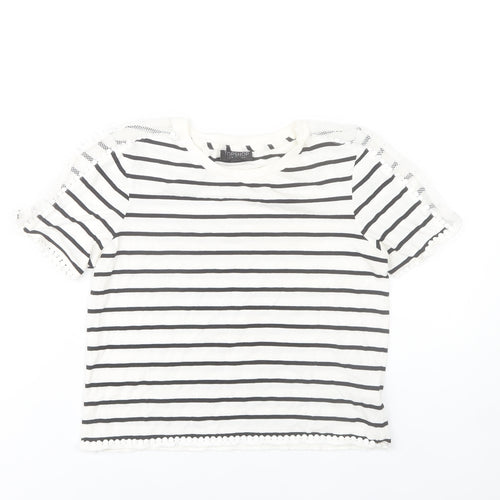 Topshop Women’s White Striped Crochet Trim T-Shirt Size 8