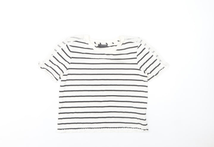 Topshop Women’s White Striped Crochet Trim T-Shirt Size 8