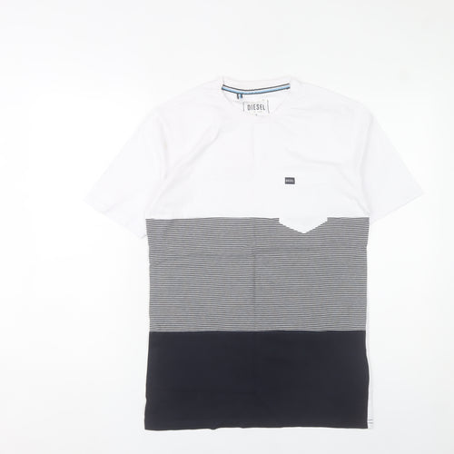 Diesel Men’s White Black Striped Colourblock Cotton T-Shirt S