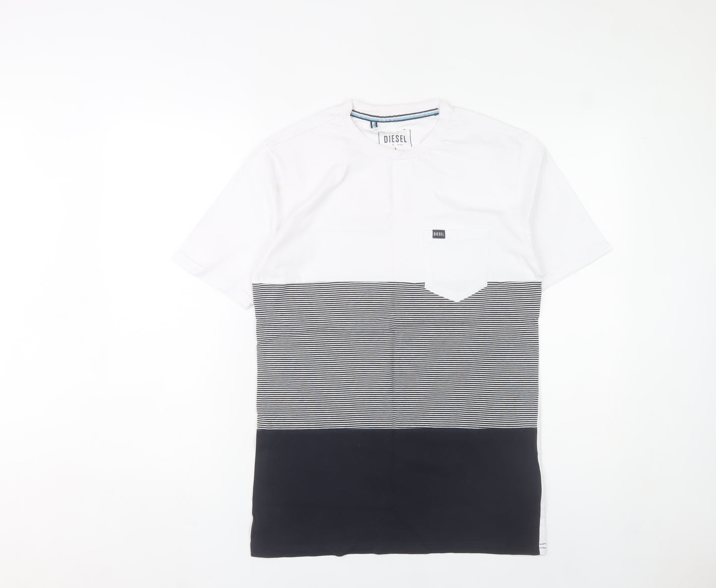 Diesel Men’s White Black Striped Colourblock Cotton T-Shirt S