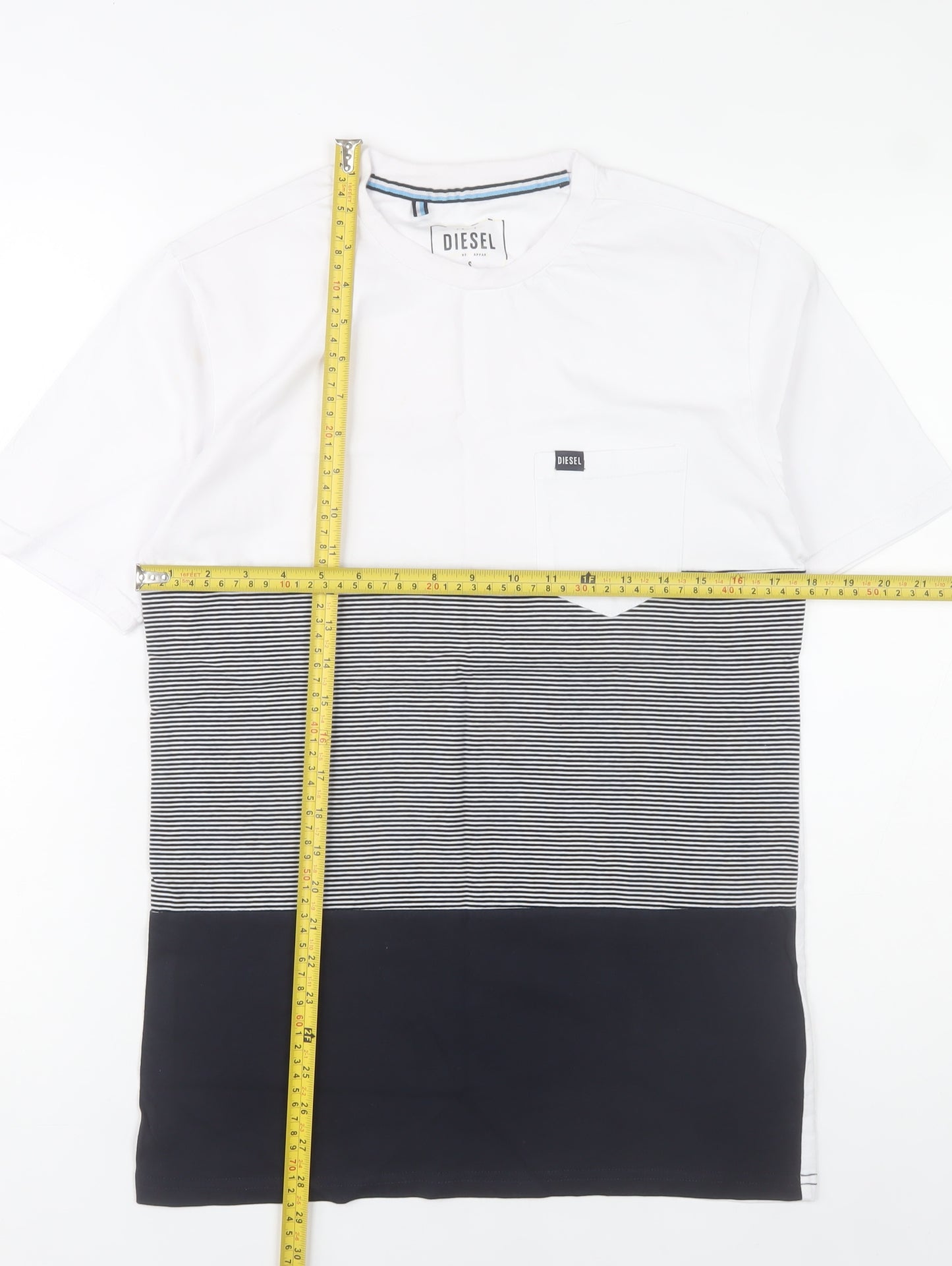 Diesel Men’s White Black Striped Colourblock Cotton T-Shirt S