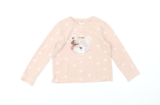 Next Girls Beige Sequin Bear Long Sleeve T-Shirt 4-5 Years Cotton