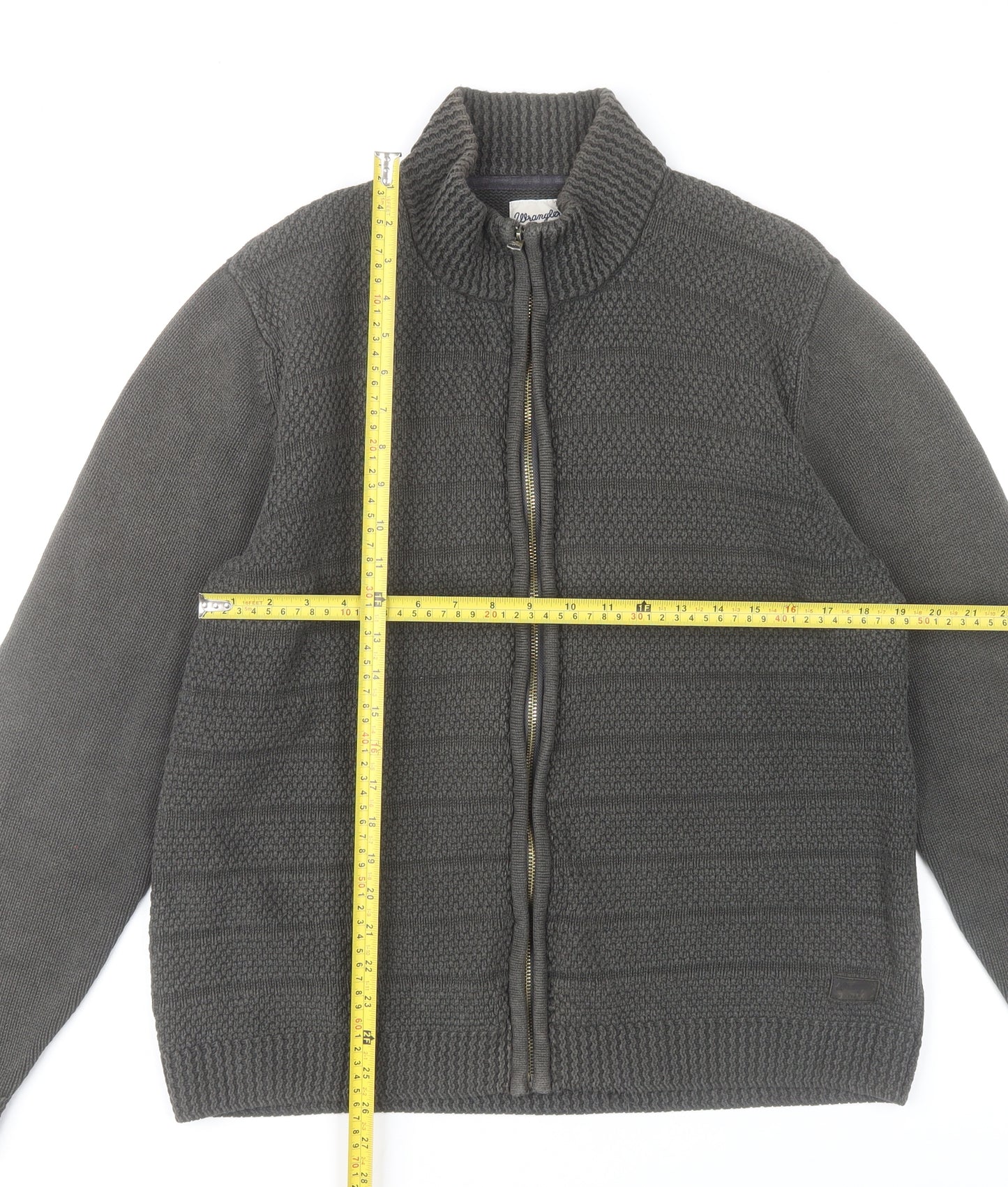 Wrangler Men's Grey XL Full Zip Cotton Knit Jumper High Neck
