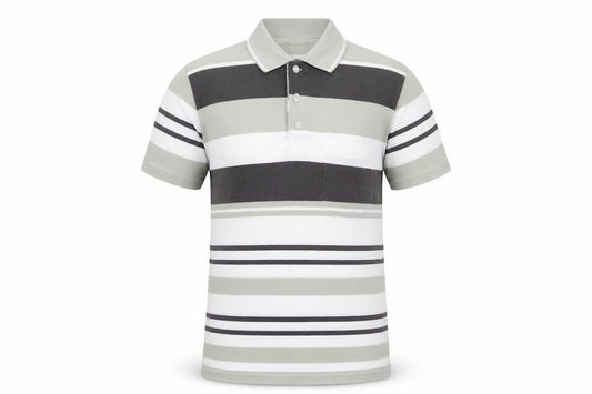 Front view of Guv'nors Men's Green Striped Polo Shirt, size M, Short Sleeve Casual