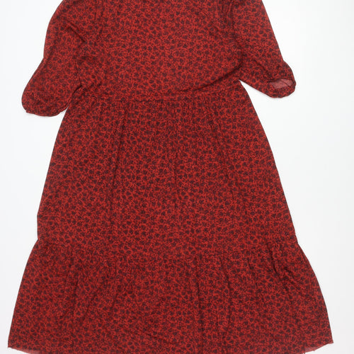 Zara Women Red Floral Puff Sleeve A-Line Knee Dress Size 12