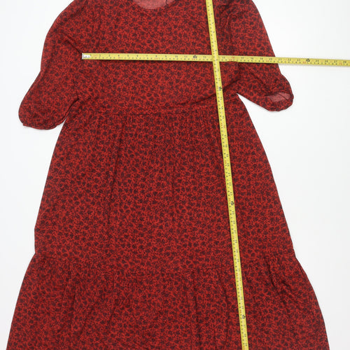 Zara Women Red Floral Puff Sleeve A-Line Knee Dress Size 12