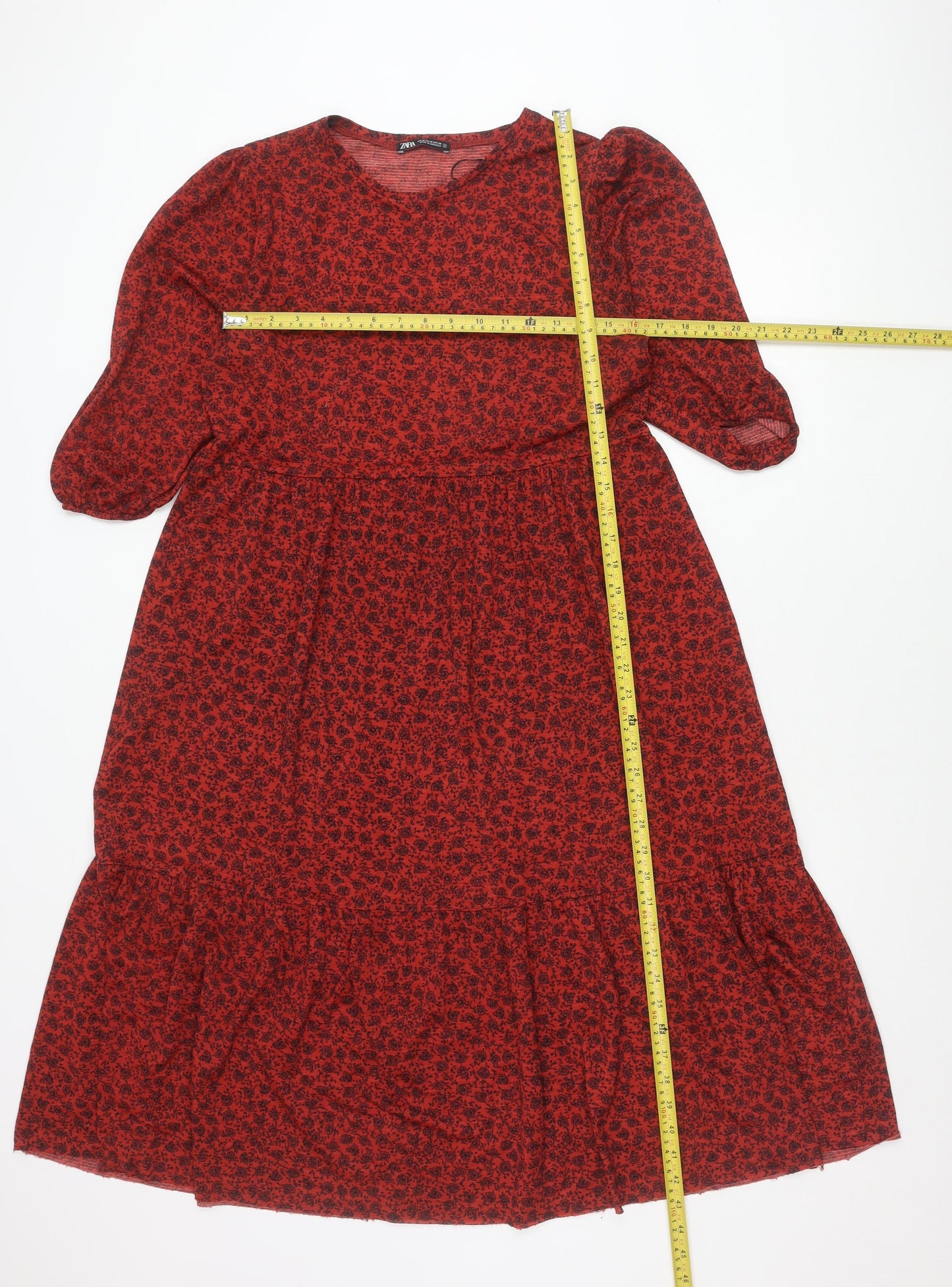 Zara Women Red Floral Puff Sleeve A-Line Knee Dress Size 12