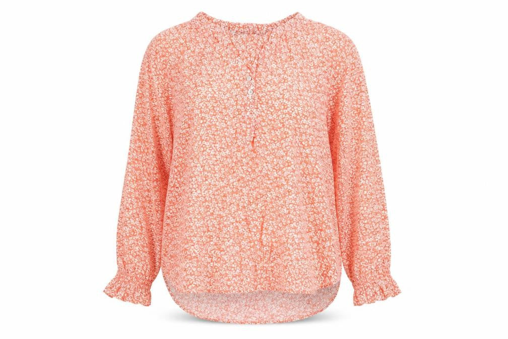 Front view of Marks & Spencer women’s orange floral viscose blouse, size UK 10
