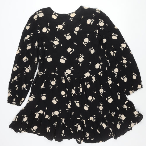 F&F Women’s Black Floral Skater Dress UK 10 Long Sleeve V-Neck