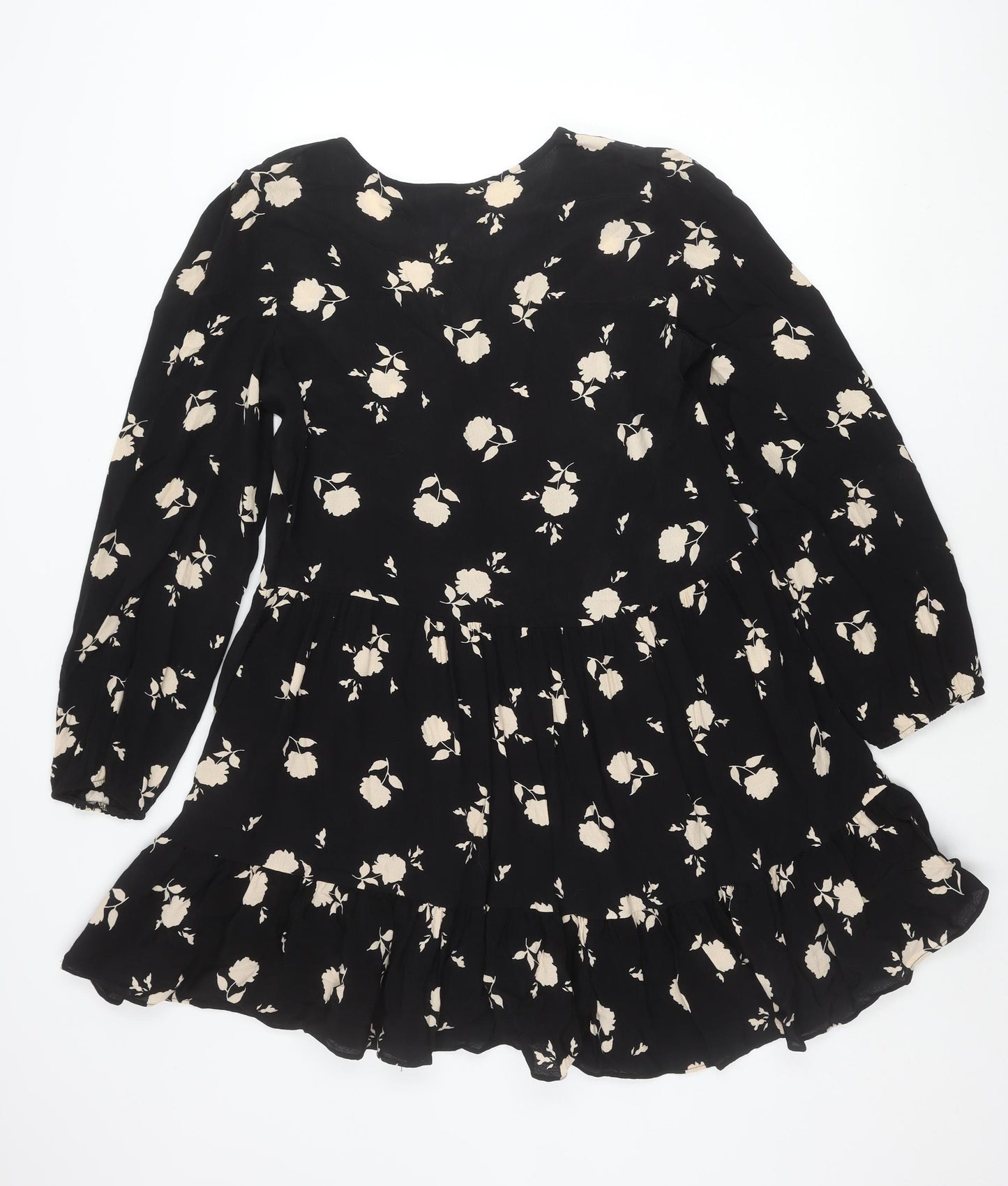 F&F Women’s Black Floral Skater Dress UK 10 Long Sleeve V-Neck